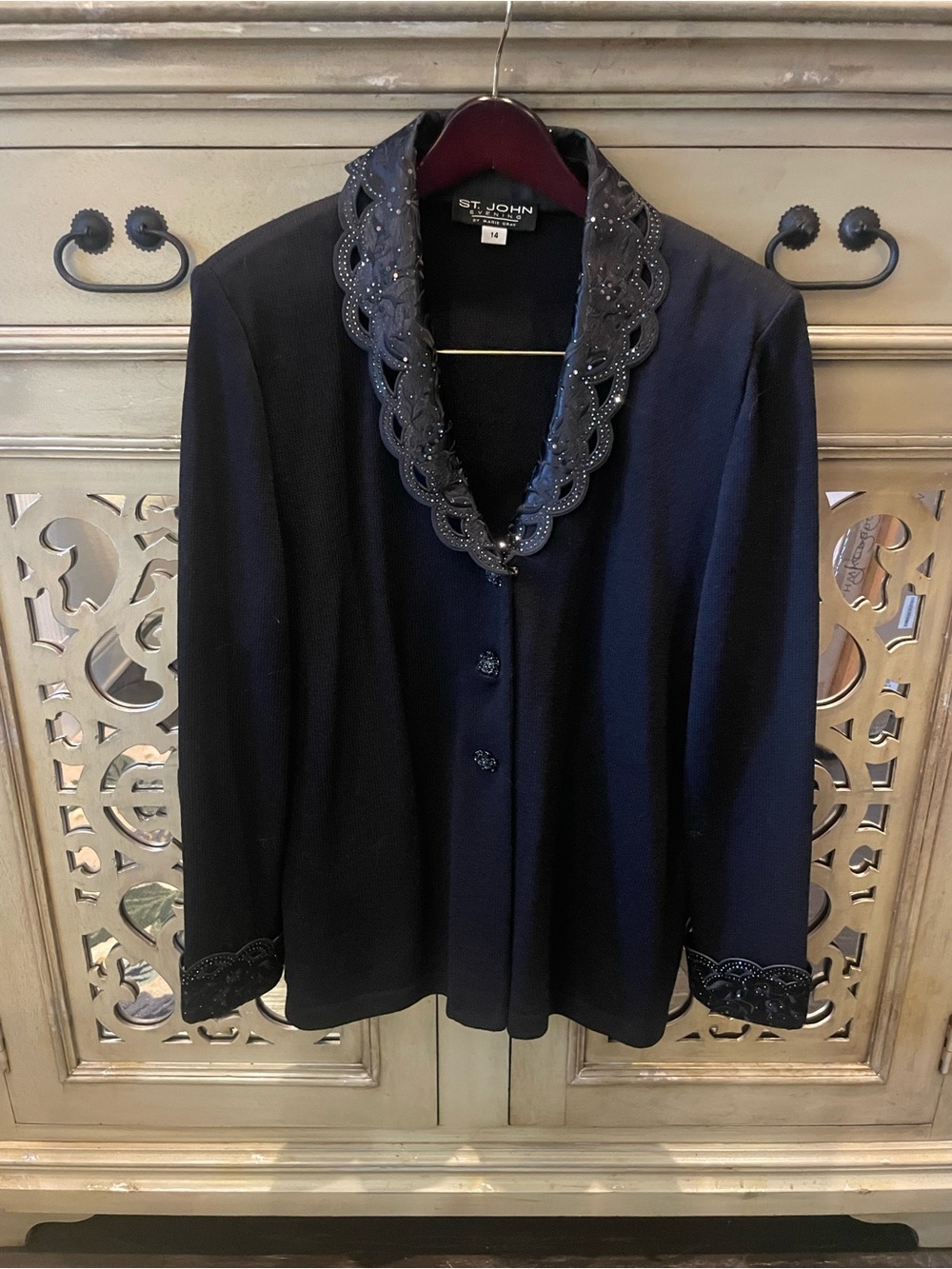 St. John Evening Black Embellished  Scallop Collar knit Sweater
